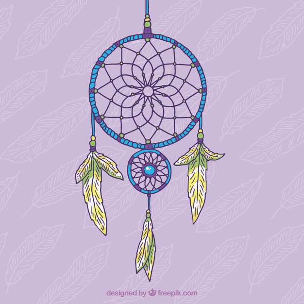 Fondo de atrapasueños dibujado a mano en un fondo morado 