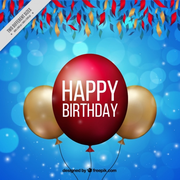Fondo azul bokeh con globos de cumpleaños