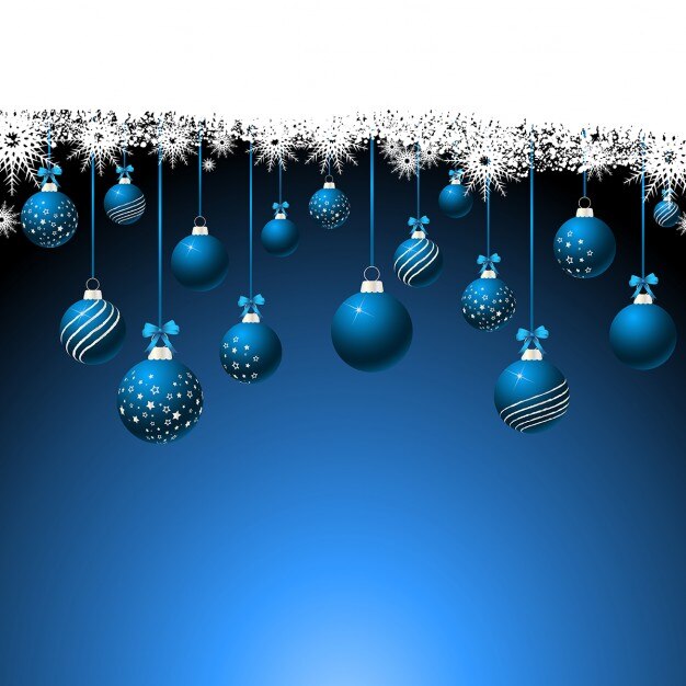 Fondo azul con bolas de navidad y copos de nieve