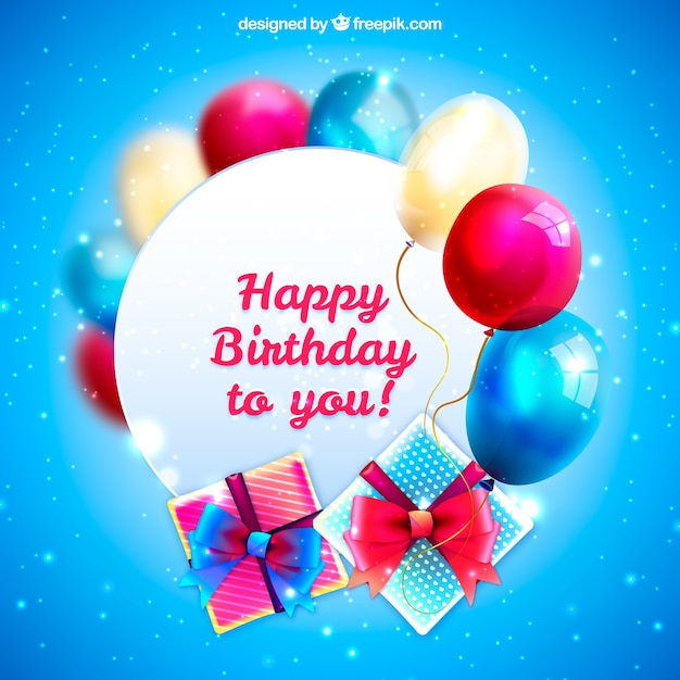 Vector gratuito fondo azul brillante con globos y regalos de cumpleaños