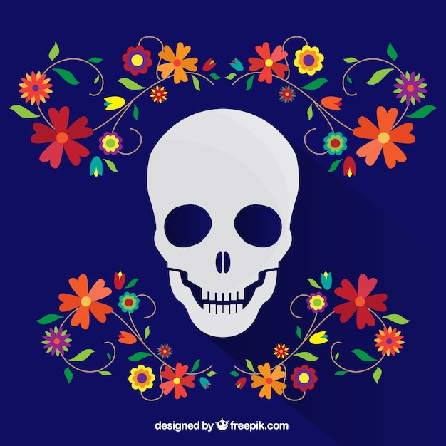 Fondo azul de calavera con ornamentos de flores