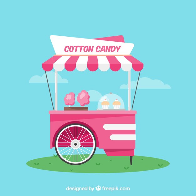 Fondo azul de carrito de algodones de azúcar en diseño plano 