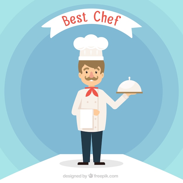 Fondo azul con chef sonriente