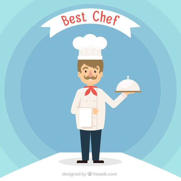 Fondo azul con chef sonriente