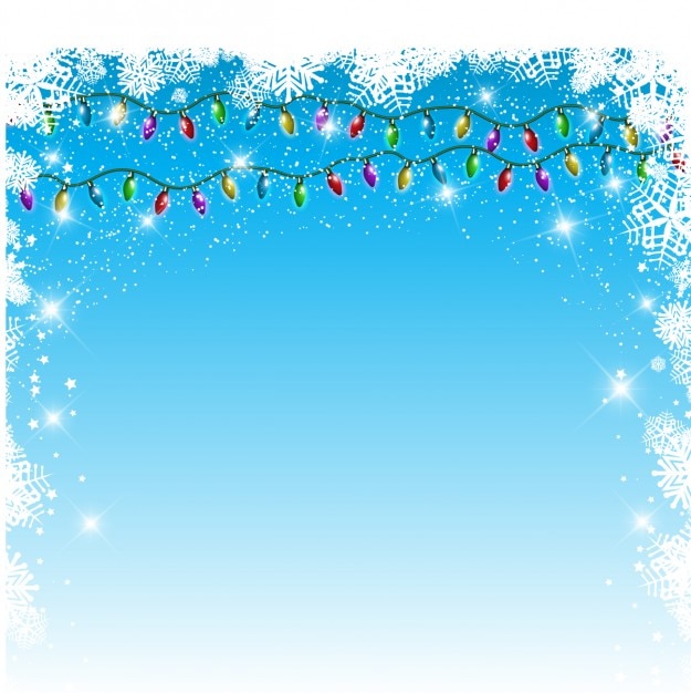 Fondo azul de copos de nieve de guirnaldas de luces