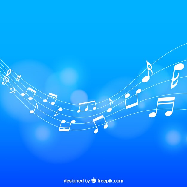 Fondo azul desenfocado de pentagrama con notas musicales