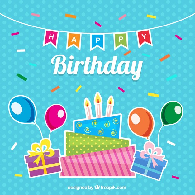 Fondo azul con elementos de cumpleaños y confeti