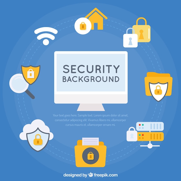 Vector gratuito fondo azul con elementos de seguridad en diseño plano