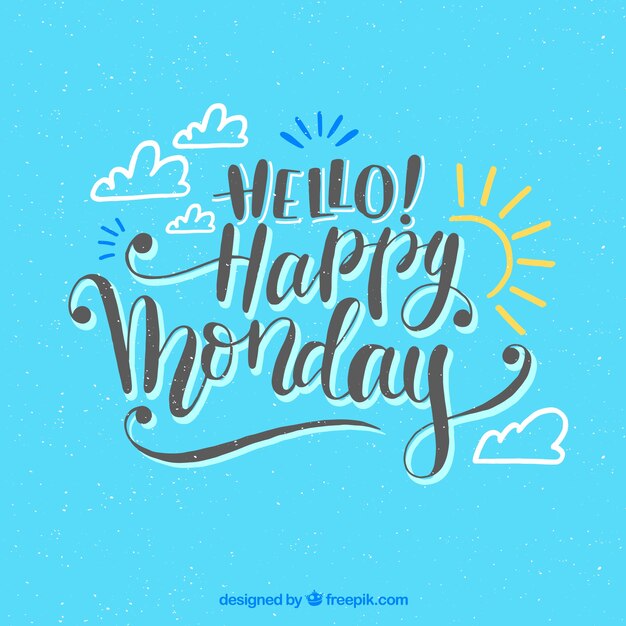 Fondo azul de feliz lunes con dibujo de sol y nubes