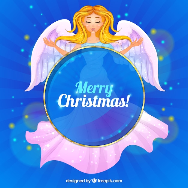 Fondo azul de feliz navidad con ángel dibujado a mano 