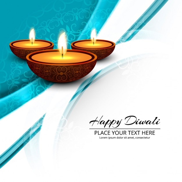 Fondo azul con formas onduladas y tres velas para diwali