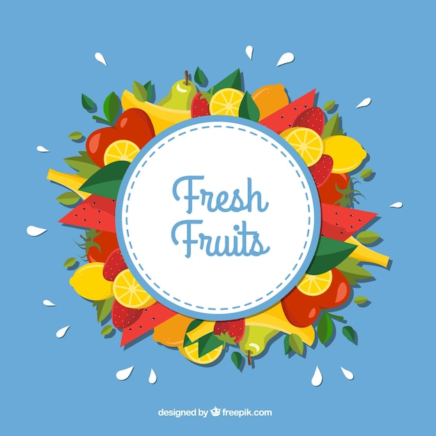 Fondo azul con frutas de colores en diseño plano