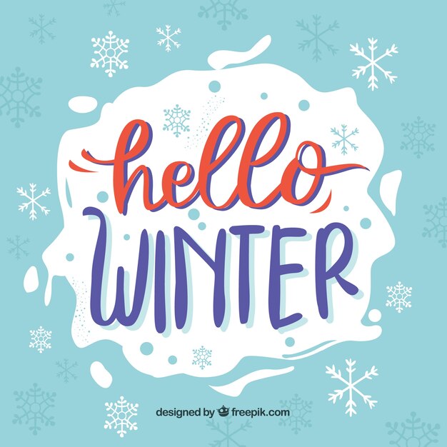 Fondo azul hola invierno con letras caligráficas rojas y moradas