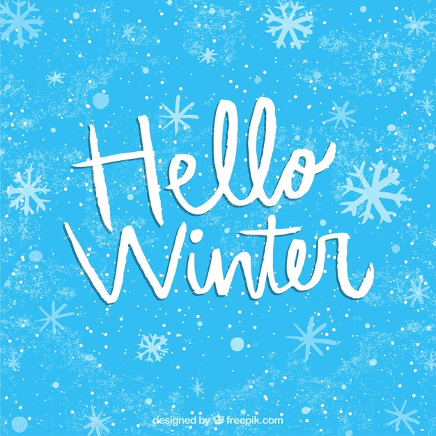 Fondo azul hola invierno con letras caligráficas
