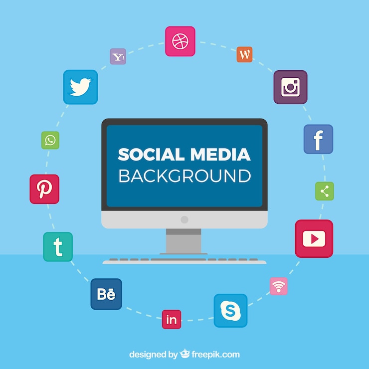 Vector gratuito fondo azul con iconos de redes sociales y pantalla