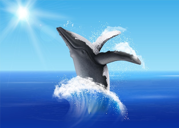 Fondo azul náutico realista con ballena saltando en agua de mar iluminada por la ilustración de vector de luz solar