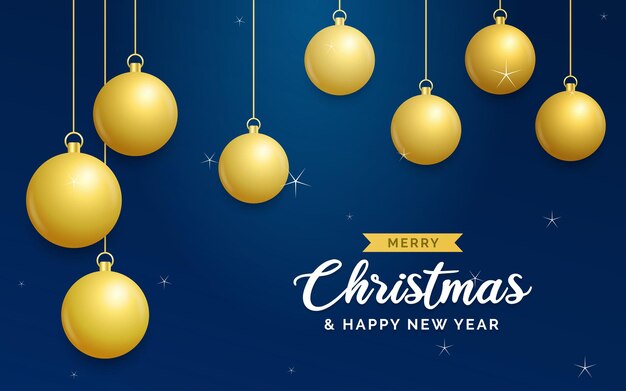 Fondo azul de Navidad con bolas doradas brillantes colgantes Tarjeta de felicitación de feliz Navidad Vacaciones de Navidad y Año Nuevo cartel banner web Ilustración vectorial