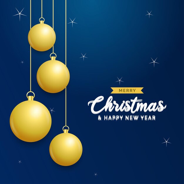 Fondo azul de Navidad con bolas doradas brillantes colgantes Tarjeta de felicitación de feliz Navidad Vacaciones de Navidad y Año Nuevo cartel banner web Ilustración vectorial