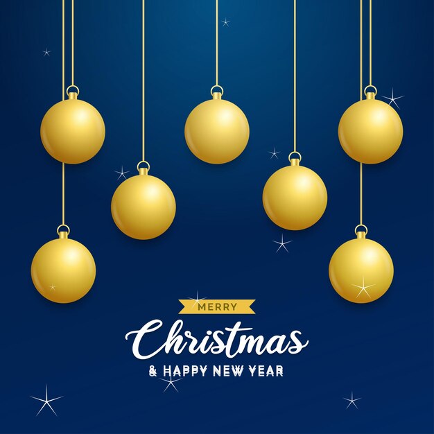 Fondo azul de Navidad con bolas doradas brillantes colgantes Tarjeta de felicitación de feliz Navidad Vacaciones de Navidad y Año Nuevo cartel banner web Ilustración vectorial