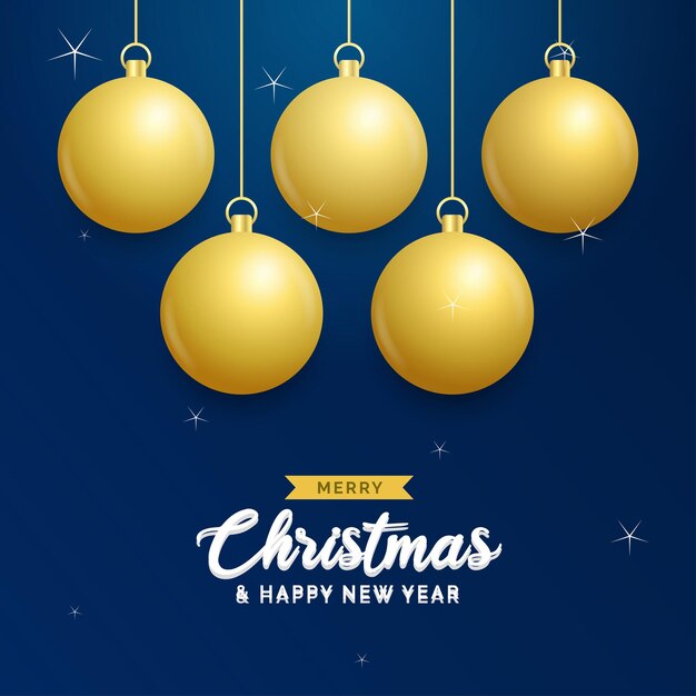 Fondo azul de Navidad con bolas doradas brillantes colgantes Tarjeta de felicitación de feliz Navidad Vacaciones de Navidad y Año Nuevo cartel banner web Ilustración vectorial
