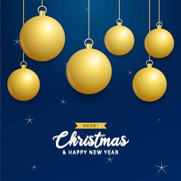 Fondo azul de Navidad con bolas doradas brillantes colgantes Tarjeta de felicitación de feliz Navidad Vacaciones de Navidad y Año Nuevo cartel banner web Ilustración vectorial