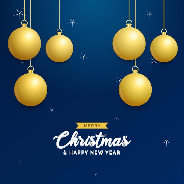 Fondo azul de Navidad con bolas doradas brillantes colgantes Tarjeta de felicitación de feliz Navidad Vacaciones de Navidad y Año Nuevo cartel banner web Ilustración vectorial