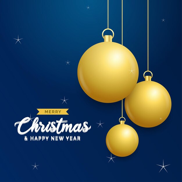 Fondo azul de Navidad con bolas doradas brillantes colgantes Tarjeta de felicitación de feliz Navidad Vacaciones de Navidad y Año Nuevo cartel banner web Ilustración vectorial