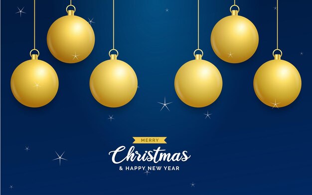 Fondo azul de Navidad con bolas doradas brillantes colgantes Tarjeta de felicitación de feliz Navidad Vacaciones de Navidad y Año Nuevo cartel banner web Ilustración vectorial