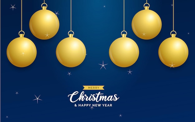 Fondo azul de Navidad con bolas doradas brillantes colgantes Tarjeta de felicitación de feliz Navidad Vacaciones de Navidad y Año Nuevo cartel banner web Ilustración vectorial