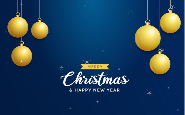 Fondo azul de Navidad con bolas doradas brillantes colgantes Tarjeta de felicitación de feliz Navidad Vacaciones de Navidad y Año Nuevo cartel banner web Ilustración vectorial
