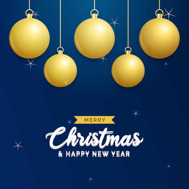 Fondo azul de Navidad con bolas doradas brillantes colgantes Tarjeta de felicitación de feliz Navidad Vacaciones de Navidad y Año Nuevo cartel banner web Ilustración vectorial