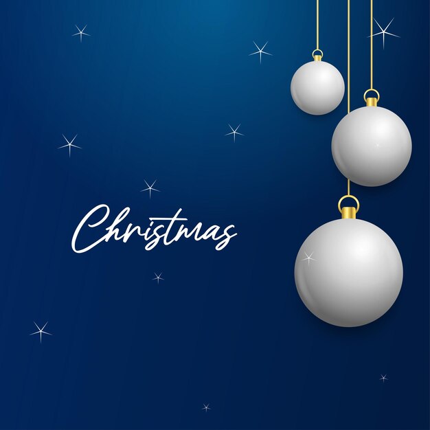 Fondo azul de Navidad con colgantes brillantes bolas blancas y plateadas Tarjeta de felicitación de Navidad Ilustración vectorial