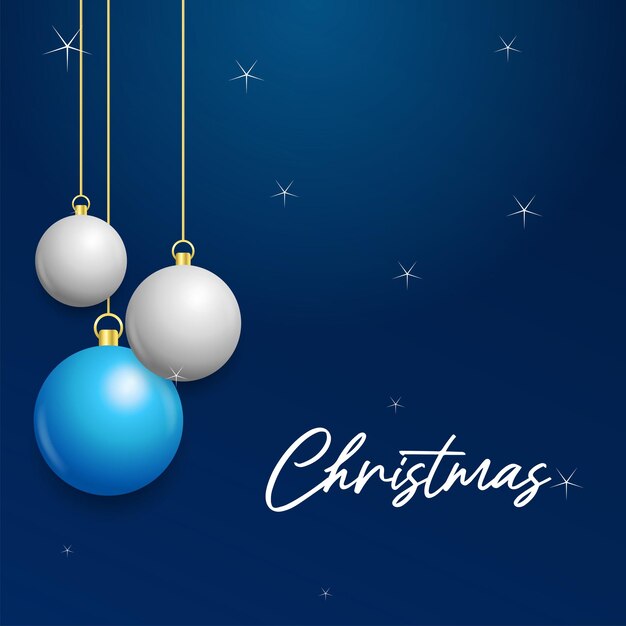 Fondo azul de Navidad con colgantes brillantes bolas blancas y plateadas Tarjeta de felicitación de Navidad Ilustración vectorial