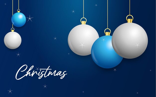 Fondo azul de Navidad con colgantes brillantes bolas blancas y plateadas Tarjeta de felicitación de Navidad Ilustración vectorial