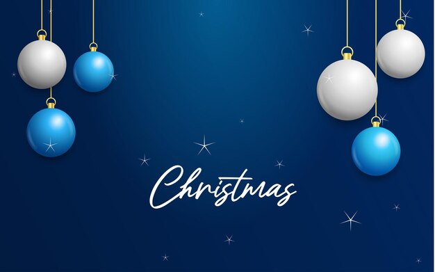 Fondo azul de Navidad con colgantes brillantes bolas blancas y plateadas Tarjeta de felicitación de Navidad Ilustración vectorial