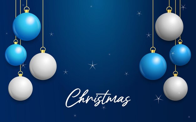 Fondo azul de Navidad con colgantes brillantes bolas blancas y plateadas Tarjeta de felicitación de Navidad Ilustración vectorial