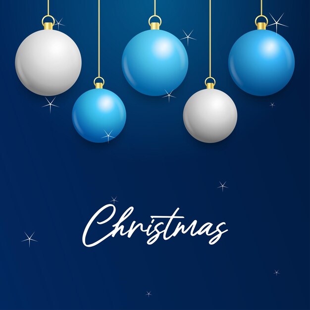 Fondo azul de Navidad con colgantes brillantes bolas blancas y plateadas Tarjeta de felicitación de Navidad Ilustración vectorial