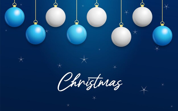 Fondo azul de Navidad con colgantes brillantes bolas blancas y plateadas Tarjeta de felicitación de Navidad Ilustración vectorial