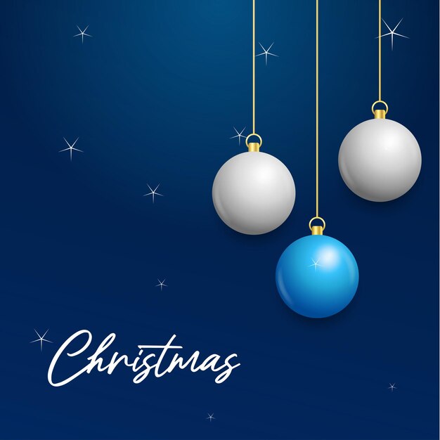Fondo azul de Navidad con colgantes brillantes bolas blancas y plateadas Tarjeta de felicitación de Navidad Ilustración vectorial