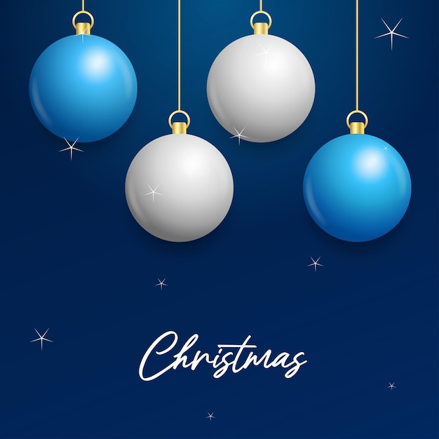 Fondo azul de Navidad con colgantes brillantes bolas blancas y plateadas Tarjeta de felicitación de Navidad Ilustración vectorial