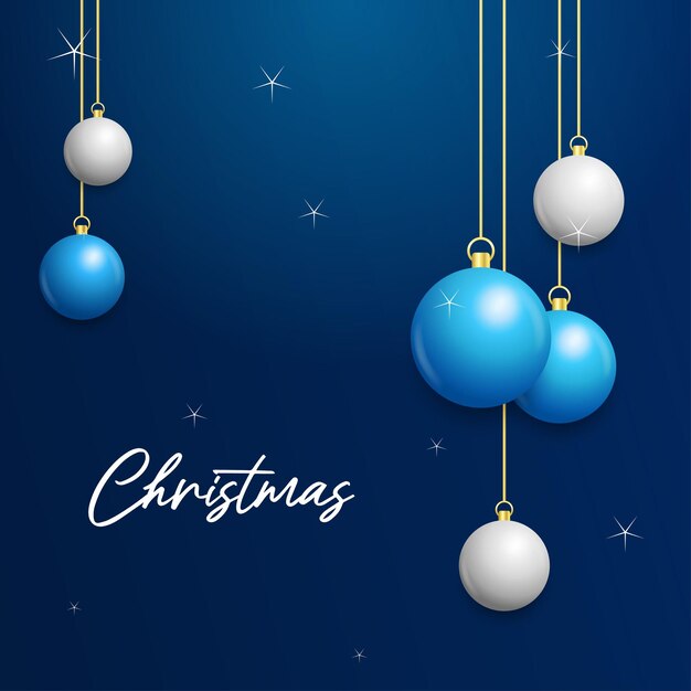 Fondo azul de Navidad con colgantes brillantes bolas blancas y plateadas Tarjeta de felicitación de Navidad Ilustración vectorial