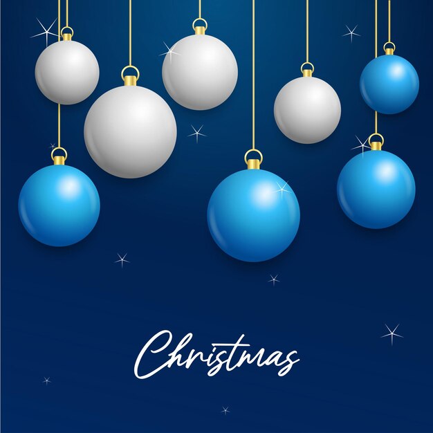 Fondo azul de Navidad con colgantes brillantes bolas blancas y plateadas Tarjeta de felicitación de Navidad Ilustración vectorial