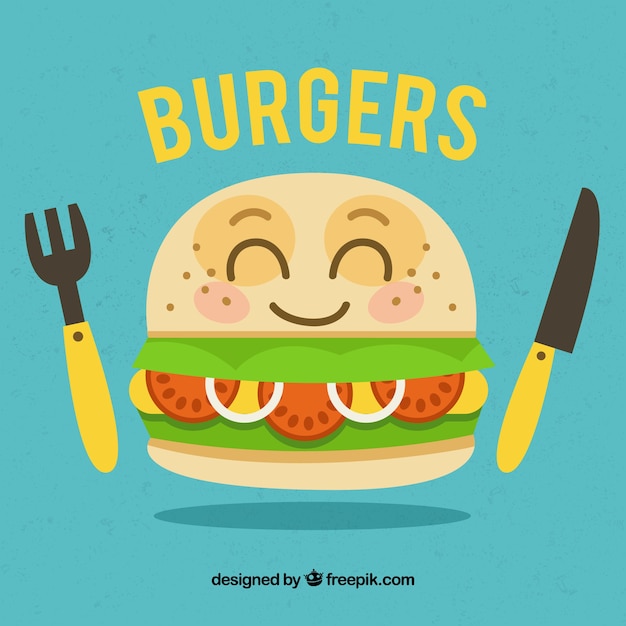 Vector gratuito fondo azul con personaje de hamburguesa feliz y cubiertos