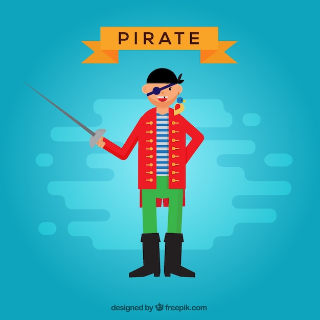 Fondo azul de personaje de pirata en diseño plano