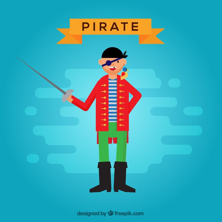 Vector gratuito fondo azul de personaje de pirata en diseño plano 
