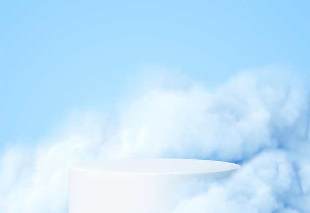 Fondo azul con un podio de producto rodeado de nubes azules.