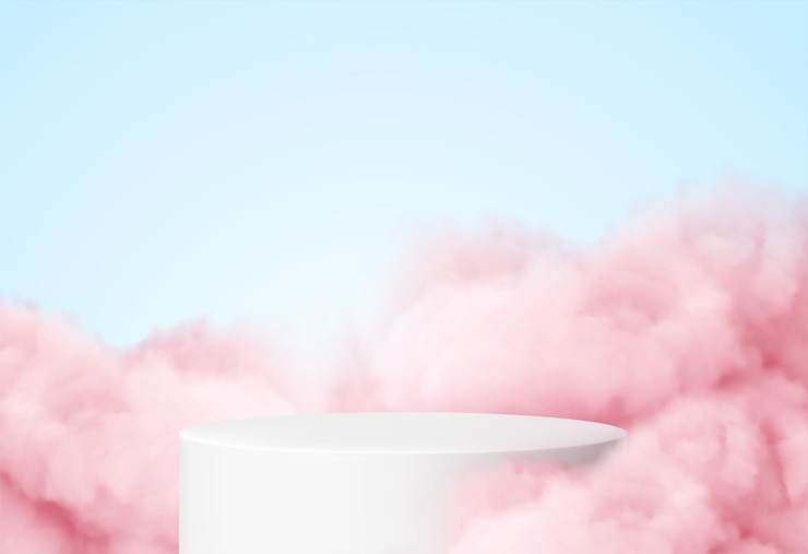 Vector gratuito fondo azul con un podio de producto rodeado de nubes rosas.