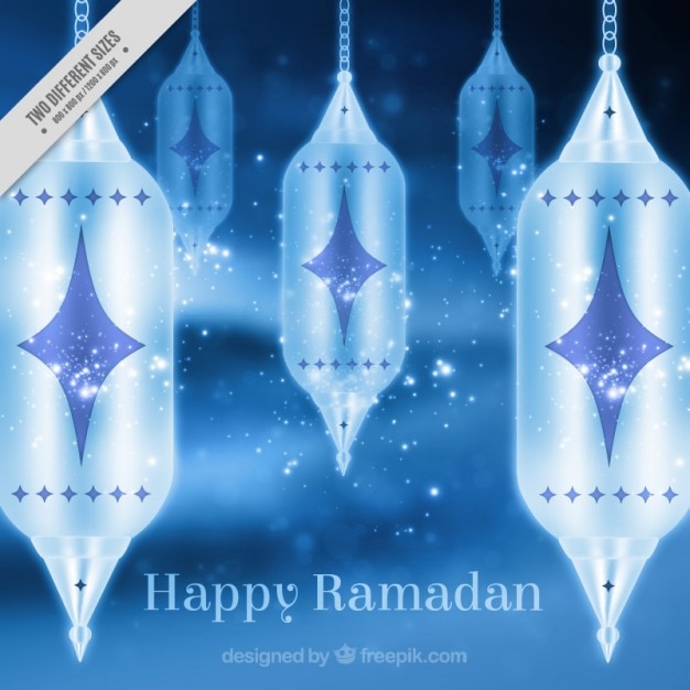 Fondo azul de ramadan con faroles