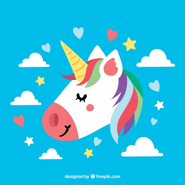 Fondo azul de unicornio con los ojos cerrados