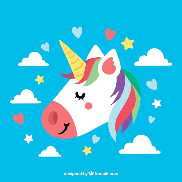 Fondo azul de unicornio con los ojos cerrados